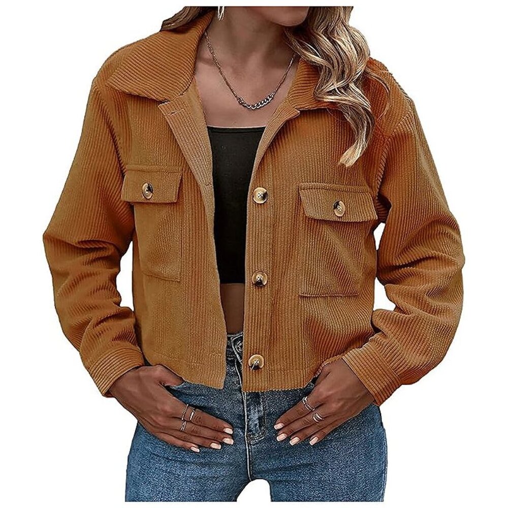 Women's Fall Fashion Cropped Shacket Plaid Jackets Coat-Brown